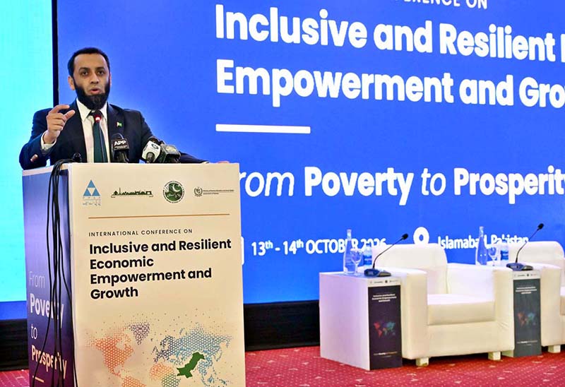 Federal Minister for Information and Broadcasting, Attaullah Tarar addressing to International Conference on "Inclusive and Resilient Economic Empowerment and Growth" organized by Pakistan Poverty Alleviation Fund (PPAF) at local hotel