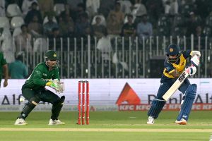 Sri Lankan batter Lahiru Udara plays a shot during the T20 cricket match between Pakistan and Sri Lanka at Rawalpindi Cricket Stadium.
