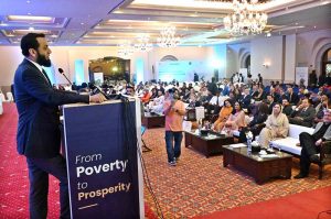 Federal Minister for Information and Broadcasting, Attaullah Tarar addressing to International Conference on "Inclusive and Resilient Economic Empowerment and Growth" organized by Pakistan Poverty Alleviation Fund (PPAF) at local hotel