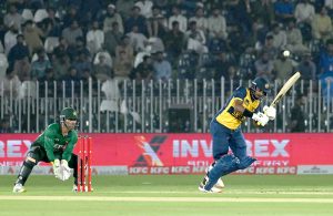 Sri Lankan batter Lahiru Udara plays a shot during the T20 cricket match between Pakistan and Sri Lanka at Rawalpindi Cricket Stadium.