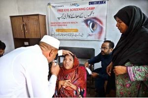 PML-N MNA Iram Hamid Hameed and CEO Health Sargodha Kashif Nabeel Azam lead an awareness walk at Sargodha Press Club to mark World Sight Day