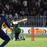 Pakistan’s batter Maaz Sadaqat plays a shot during the 2nd T20 cricket match between Pakistan and Sri Lanka at Rawalpindi Cricket Stadium