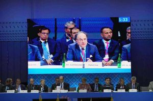 Federal Minister for Finance and Revenue, Senator Muhammad Aurangzeb, addressing the regional MENAP meeting of Finance Ministers, Central Bank Governors and heads of financial institutions, chaired by IMF Managing Director Kristalina Georgieva