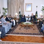 President Asif Ali Zardari in a meeting with Prime Minister Muhammad Shehbaz Sharif, along with members of the federal and provincial cabinets and parliament, at Aiwan-e-Sadr