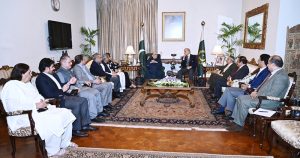 President Asif Ali Zardari in a meeting with Prime Minister Muhammad Shehbaz Sharif, along with members of the federal and provincial cabinets and parliament, at Aiwan-e-Sadr