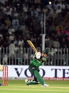 Pakistan’s batter Maaz Sadaqat plays a shot during the 2nd T20 cricket match between Pakistan and Sri Lanka at Rawalpindi Cricket Stadium