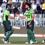 Pakistani batter Salman Ali Agha celebrates after scoring a century during the ODI Tri-Nation Series match between Pakistan and Sri Lanka at Rawalpindi Cricket Stadium