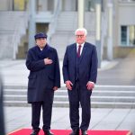 President Asif Ali Zardari along with German President Frank-Walter Steinmeier standing in respect of National Anthems of Pakistan and Germany during the Official Welcome Ceremony