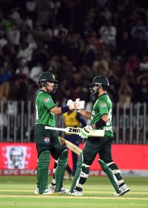 Pakistan’s batter Maaz Sadaqat plays a shot during the 2nd T20 cricket match between Pakistan and Sri Lanka at Rawalpindi Cricket Stadium