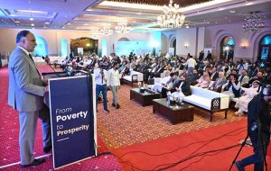 Federal Minister for Planning Development and Reforms, Prof. Ahsan Iqbal addressing to International Conference on "Inclusive and Resilient Economic Empowerment and Growth" organized by Pakistan Poverty Alleviation Fund (PPAF) at local hotel