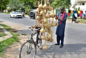 A shopkeeper displays bird's nests on his bicycle to attract customers in the Tipu Road.