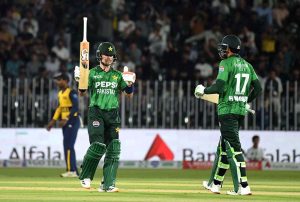 Pakistan’s batter Maaz Sadaqat plays a shot during the 2nd T20 cricket match between Pakistan and Sri Lanka at Rawalpindi Cricket Stadium