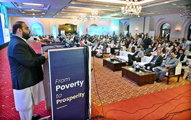 Federal Minister for National Heritage & Culture, Aurangzeb Khan Khichi addressing to International Conference on "Inclusive and Resilient Economic Empowerment and Growth" organized by Pakistan Poverty Alleviation Fund (PPAF) at local hotel