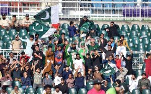 Pakistani batter Salman Ali Agha celebrates after scoring a century during the ODI Tri-Nation Series match between Pakistan and Sri Lanka at Rawalpindi Cricket Stadium