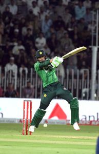 Pakistan’s batter Maaz Sadaqat plays a shot during the 2nd T20 cricket match between Pakistan and Sri Lanka at Rawalpindi Cricket Stadium