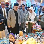 Federal Minister for Poverty Alleviation and Social Safety, Syed Imran Ahmed Shah and Federal Minister for National Heritage & Culture, Aurangzeb Khan Khichi visiting stalls during International Conference on "Inclusive and Resilient Economic Empowerment and Growth" organized by Pakistan Poverty Alleviation Fund (PPAF) at local hotel