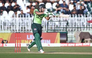 Pakistani batter Salman Ali Agha celebrates after scoring a century during the ODI Tri-Nation Series match between Pakistan and Sri Lanka at Rawalpindi Cricket Stadium
