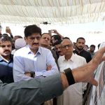 Sindh Chief Minister Syed Murad Ali Shah receives a briefing from Provincial Minister for Local Government Syed Nasir Hussain Shah and Project Director Usman Moazzam on the progress, operational arrangements and environmental safeguards of the sanitary engineered landfill project at Jam Chakro