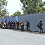 Security officials place containers in Islamabad’s Red Zone, which houses most embassies and government offices, following the imposition of an emergency and governor’s rule in Khyber Pakhtunkhwa, approved by President Asif Ali Zardari, amid heightened tensions between the federal government and the PTI-led provincial administration during the party’s ongoing protest campaign