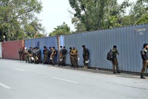 Security officials place containers in Islamabad’s Red Zone, which houses most embassies and government offices, following the imposition of an emergency and governor’s rule in Khyber Pakhtunkhwa, approved by President Asif Ali Zardari, amid heightened tensions between the federal government and the PTI-led provincial administration during the party’s ongoing protest campaign