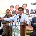 Sindh Chief Minister Syed Murad Ali Shah speaks to the media after inaugurating the first phase of the sanitary engineered landfill project at Jam Chakro, highlighting the provincial government's efforts to modernise Karachi's waste management system and promote environmentally sustainable waste disposal