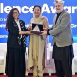 Federal Minister for Poverty Alleviation and Social Safety, Syed Imran Ahmed Shah presenting media excellence award to participant during International Conference on "Inclusive and Resilient Economic Empowerment and Growth" organized by Pakistan Poverty Alleviation Fund (PPAF) at local hotel