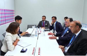 Federal Minister for Finance and Revenue, Senator Muhammad Aurangzeb, meeting with ITFC CEO Engineer Adeeb Y. Al Aama to discuss financing cooperation and trade facilitation.