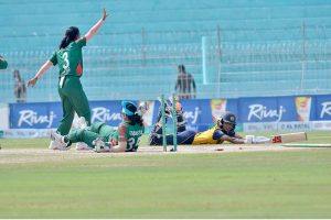 Players in action during the T20 tri-series final between Bangladesh Under-19 Women and Sri Lanka Under-19 Women at Iqbal Stadium.