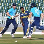 Harry Brook and Will Jacks of England run during game three of the One Day International Tri-Nation Series playing between Sri Lanka and England at Rawalpindi Cricket Stadium