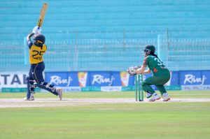 Players in action during the T20 tri-series final between Bangladesh Under-19 Women and Sri Lanka Under-19 Women at Iqbal Stadium.