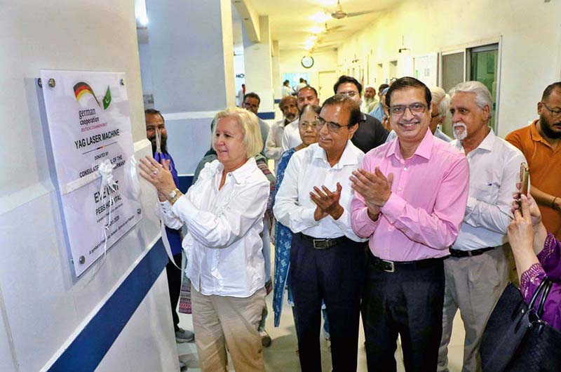 Consul General of the Federal Republic of Germany, Ms. Dagmar Traub-Evans, along with President PEBS Qazi Sajid Ali & Joint Secretary Qazi Yasir Ali and others inauguration a modern YAG Laser machine at Pakistan Eye Bank Society Hospital (PEBS). Generously donated by the German Consulate