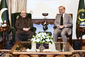 President Asif Ali Zardari in a meeting with Prime Minister Muhammad Shehbaz Sharif at Aiwan-e-Sadr.