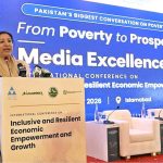 Minister of State Federal Education and Professional Training, Ms. Wajiha Qamar addressing to International Conference on "Inclusive and Resilient Economic Empowerment and Growth" organized by Pakistan Poverty Alleviation Fund (PPAF) at local hotel