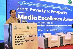 Minister of State Federal Education and Professional Training, Ms. Wajiha Qamar addressing to International Conference on "Inclusive and Resilient Economic Empowerment and Growth" organized by Pakistan Poverty Alleviation Fund (PPAF) at local hotel