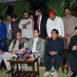 Chairman Senate Syed Yousaf Raza Gilani talks to media persons at the residence of late former minister Malik Mukhtar Ahmad Awan