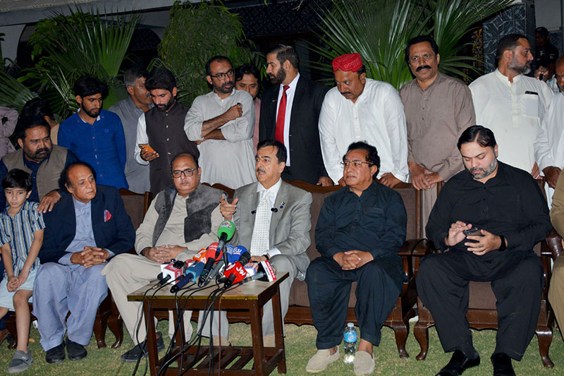 Chairman Senate Syed Yousaf Raza Gilani talks to media persons at the residence of late former minister Malik Mukhtar Ahmad Awan