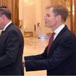 President Asif Ali Zardari receiving the credentials of Ambassador-designate of Norway, Sigvald Hauge; Ambassador-designate of Azerbaijan, Mr Irfan Shakiroglu Davudov; and Ambassador-designate of Switzerland, Mr Stéphane Laurent Rey, at Aiwan-e-Sadr