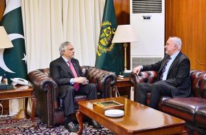 Deputy Prime Minister/Foreign Minister Senator Mohammad Ishaq Dar meeting Pakistan's Ambassador to the Russian Federation, Faisal Niaz Tirmizi, at the Ministry of Foreign Affairs.