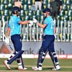 England's Harry Brook celebrates after scoring century during the tri-nation series one-day international cricket match between Sri Lanka and England in Rawalpindi Cricket Stadium
