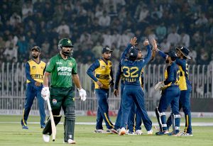 Sri Lankan batter Dunith Wellalage is bowled out during the T20 cricket match between Pakistan and Sri Lanka at Rawalpindi Cricket Stadium.