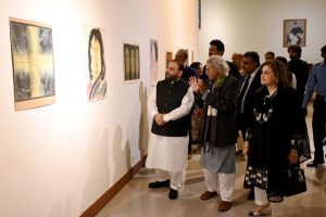 Federal Minister for National Heritage and Culture Aurangzeb Khan Khichi cuts a ribbon to inaugurate a painting exhibition by artists of the visiting Bangladeshi delegation, organized by the National Heritage and Culture Division at the Pakistan National Council of the Arts (PNCA)