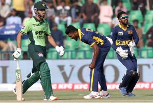 - Pakistani batsman Shadab Khan back to pavilion after out by (Arachchige) as in the background Sri Lanka Player celebrated during the one-day international (ODI) tri-series cricket match between Sri Lanka and Pakistan at the Gaddafi Cricket stadium. APP/MTF/TZD/SSH