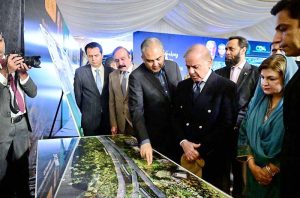 Prime Minister Muhammad Shehbaz Sharif receives a briefing at the groundbreaking ceremony of Kashmir Chowk Underpass