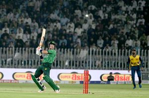 Sri Lankan batter Dunith Wellalage is bowled out during the T20 cricket match between Pakistan and Sri Lanka at Rawalpindi Cricket Stadium.