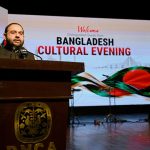 Federal Minister for National Heritage and Culture Aurangzeb Khan Khichi addresses the audience at the painting exhibition by visiting Bangladeshi artists at the Pakistan National Council of the Arts (PNCA)