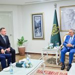 Deputy Prime Minister/Foreign Minister Senator Mohammad Ishaq Dar meets Belarusian National Security Adviser Lieutenant-General Aleksandr Volfovich at the Ministry of Foreign Affairs