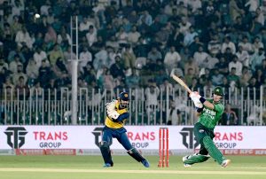 Sri Lankan batter Dunith Wellalage is bowled out during the T20 cricket match between Pakistan and Sri Lanka at Rawalpindi Cricket Stadium.