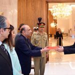 President Asif Ali Zardari receiving the credentials of Ambassador-designate of Norway, Sigvald Hauge, at Aiwan-e-Sadr
