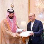 President Asif Ali Zardari presenting a memento to Ambassador-designate of Saudi Arabia, Dr Rajeh Tami Albugamy, who calls on the President to present his credentials, at Aiwan-e-Sadr