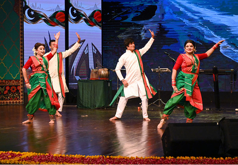 Artists from Bangladesh perform at a cultural event organized by the National Heritage and Culture Division at the Pakistan National Council of the Arts (PNCA)